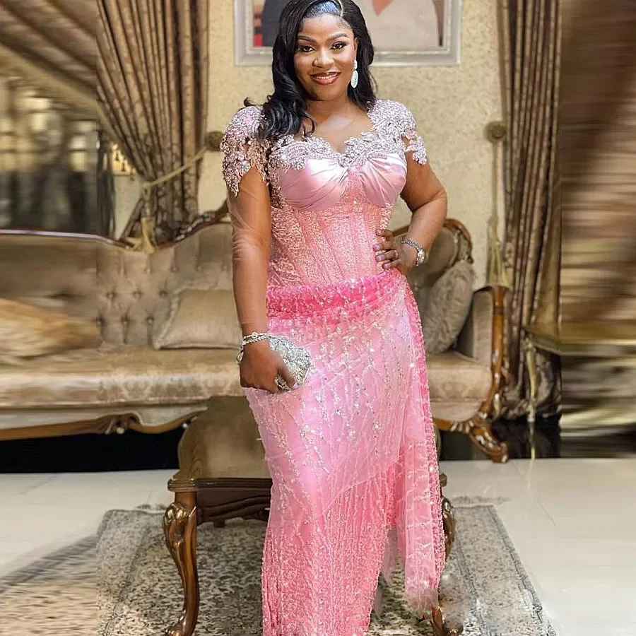

Платье для выпускного вечера с юбкой годе Aso Ebi, блестящее платье с длинными рукавами, бусинами, кристаллами, боковым шлейфом, искусственное вечернее платье