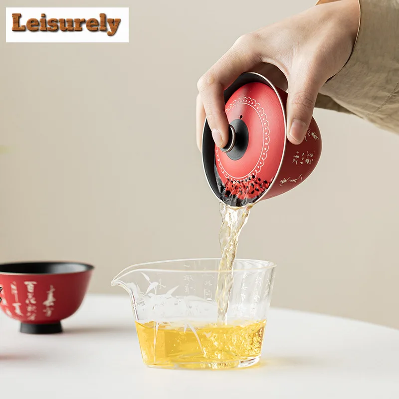 Hand-painted Poetry Red Tea Set Complete Set Vintage Gaiwan Tea Ceremony Set Household Teapot and Tea Cup Set for Tea Decoration