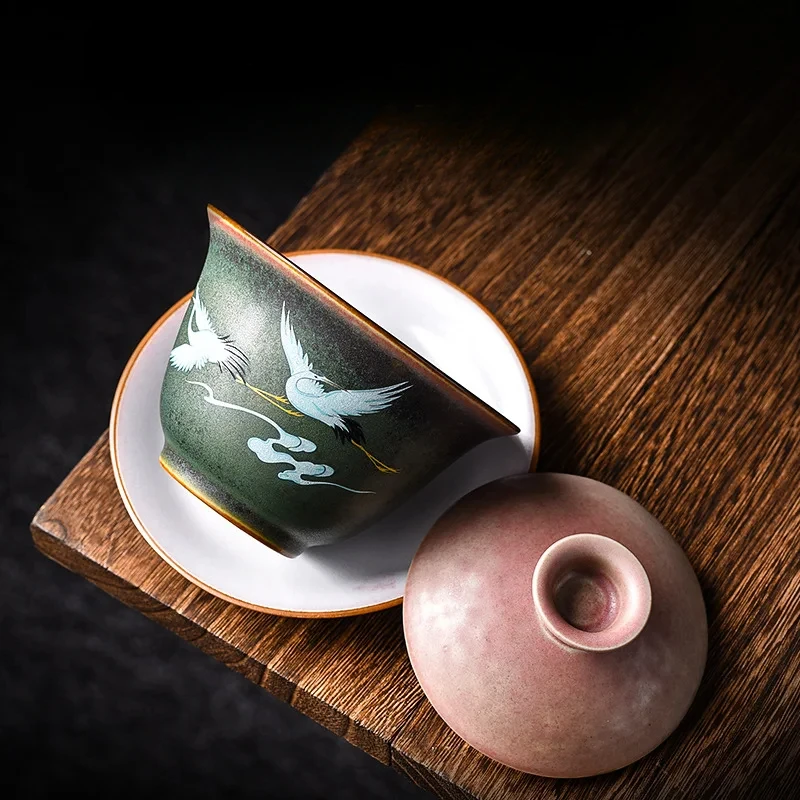 Retro Huancai Kiln Changing Crane Covered Bowl Creative Ceramic Household Tea Bowl Kung Fu Tea Set Bubble