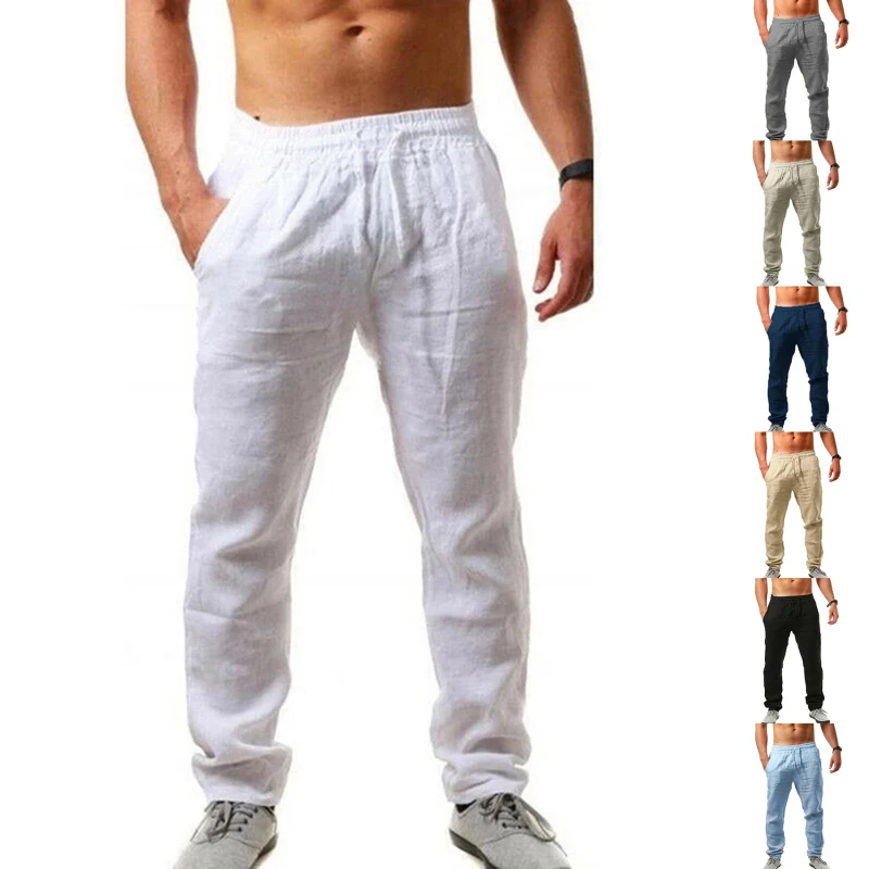 New Men's Hip Hop Breathable Cotton Casual Sports Pants High Waist Lace Up Fashion Pants Solid Color Comfortable Pants 2