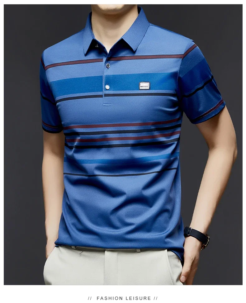 BROWON Brand 2025 Summer Shorts Polo Shirt Men Tshirt Luxury Wide Striped Lapel Collared Polo Shirt for Work Business Men 17 S140288c9f90b4c459d3dd120d182c966F