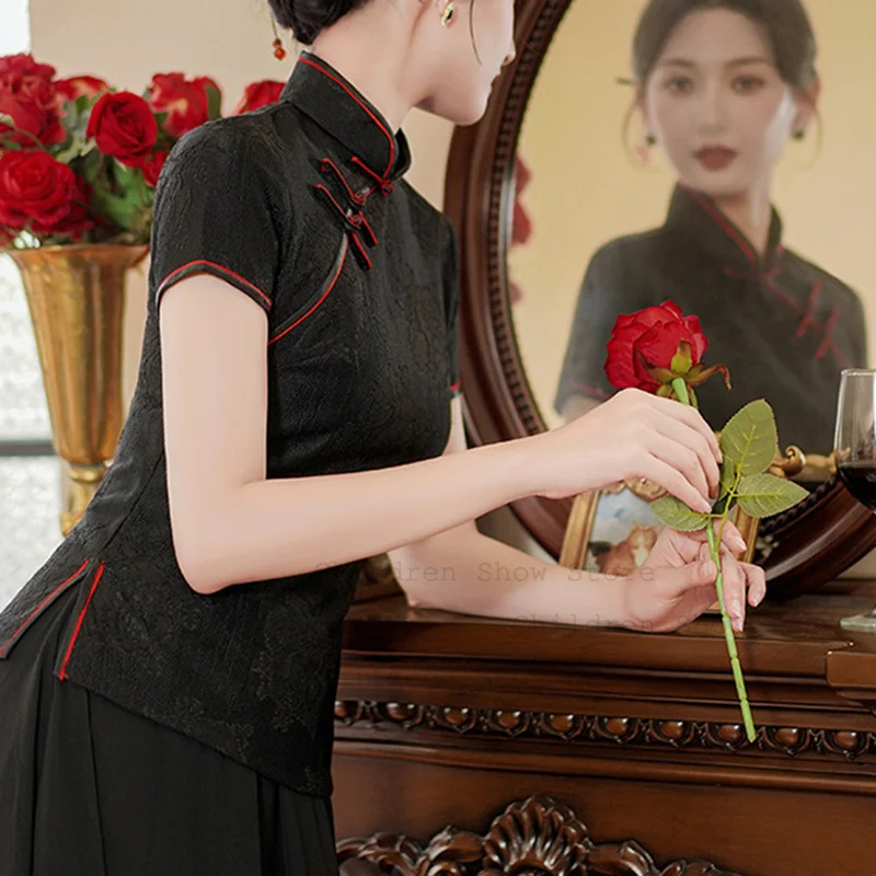 Chinese Style Qipao Top Lady Elegant Lace Flower Cheongsam Shirt Tradition Mandarin Collar Tang Clothes Short Sleeve Blouse