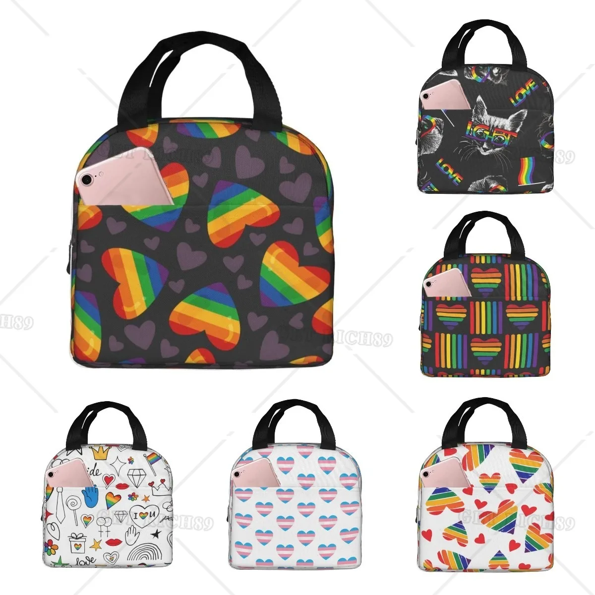 

Wiqodme LGBT Pride Love Hearts Rainbow Lunch Bag Insulated Lunch Box for Women Men Reusable Cooler Bag for Office Picnic