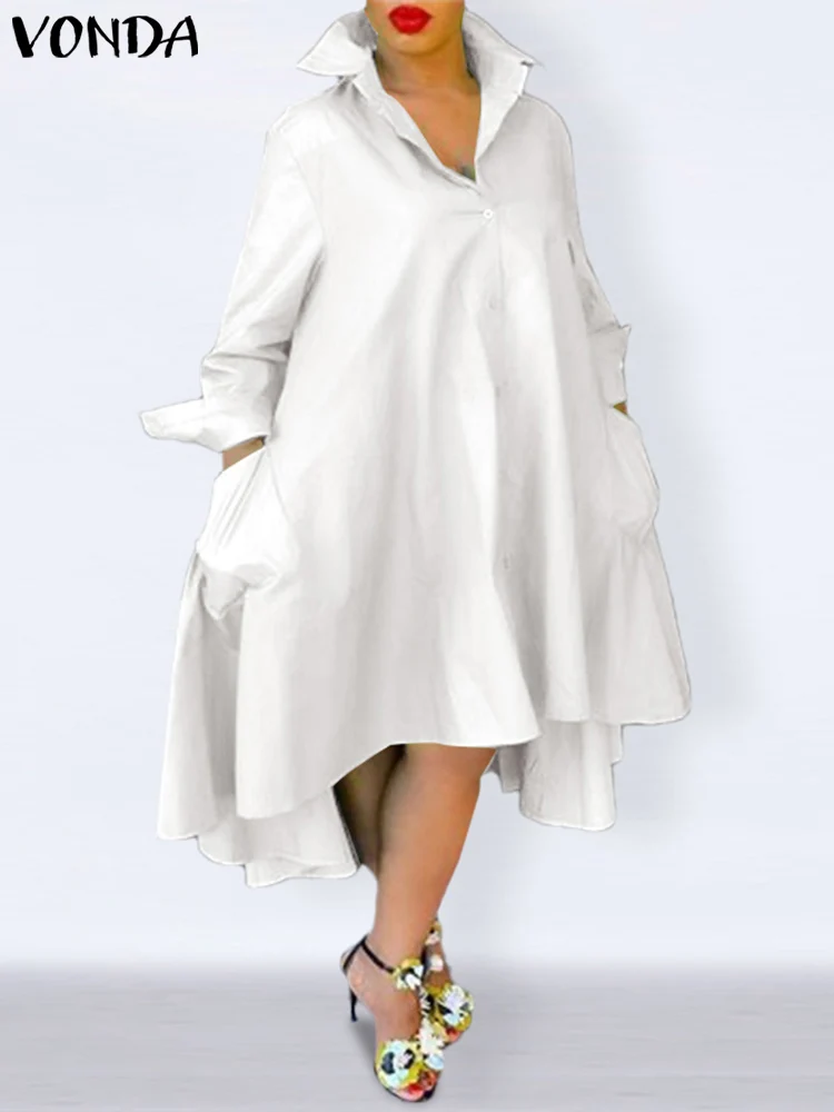 

VONDA 2023 Women Casual Summer Elegant Midi Dress Long Sleeve Solid Color Loose Long Shirt Sundress Button Up Party Robe Femme
