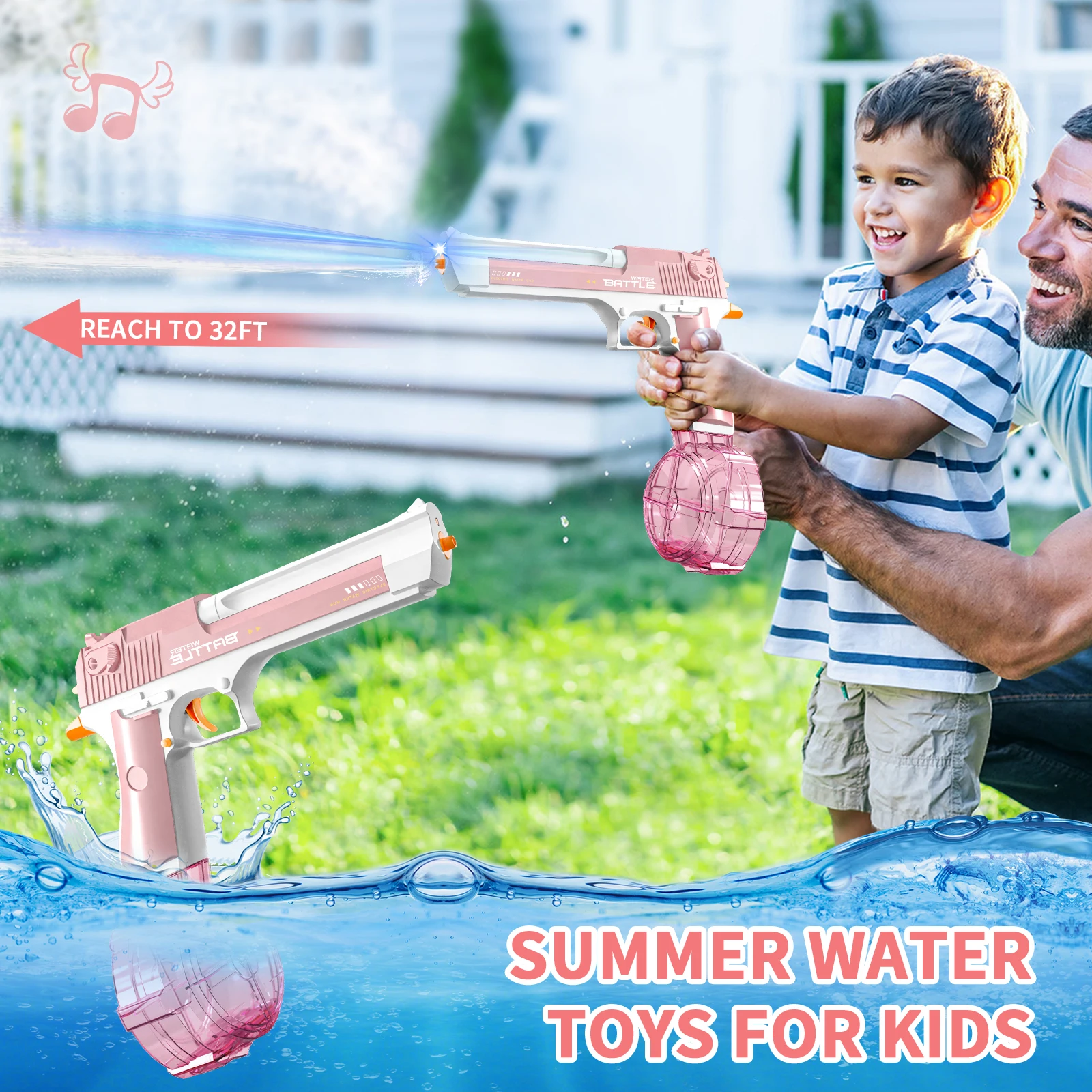 2024 New Desert Eagle Water Gun Lighted Bullet Drum Version Desert Eagle Continuous Pink Water Gun Toys Beach Water Fight Toys 3