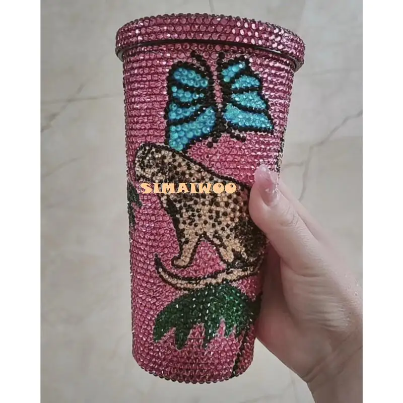 

Manual Affixed Mosaic Art Jungle Leopard Butterfly Cystal Straw Cup Stainless Steel Vacuum Diamond Painting Popular Bling Gift