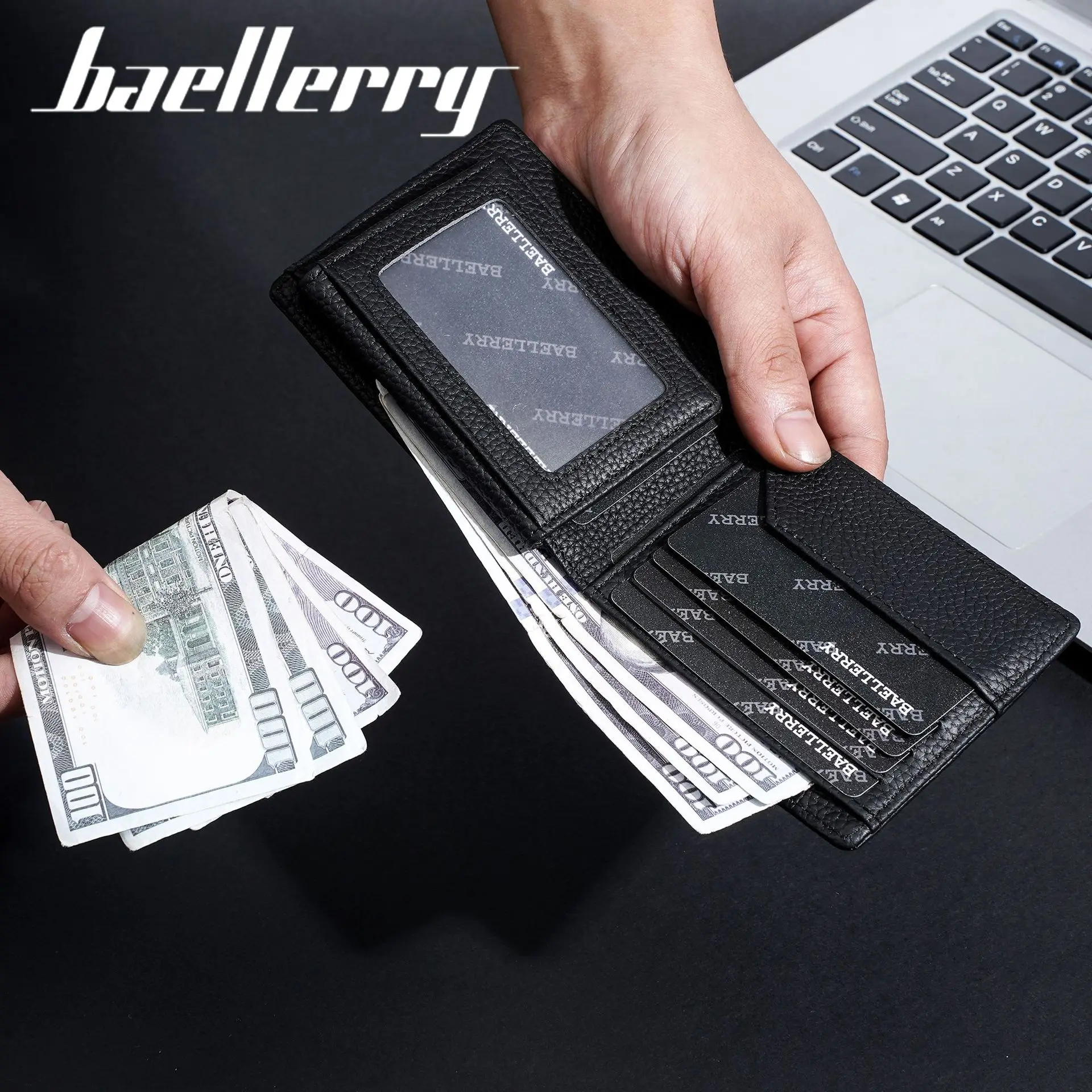 1Pcs Baellerry Men's Short Wallet, 9 Card Slots with Magnetic Money Clip, Stylish Metal Rivet Design