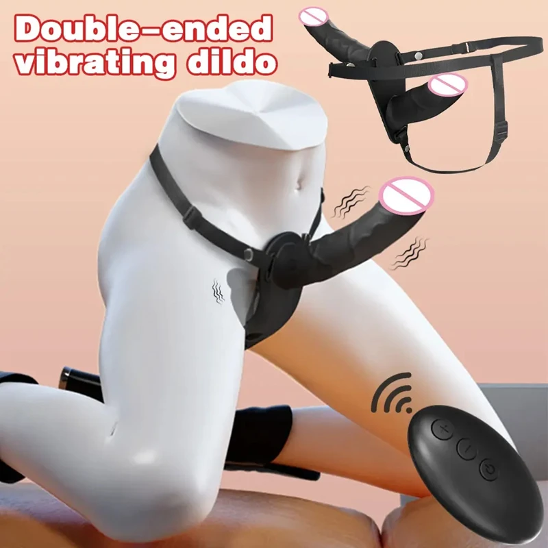 Double Head Electric Vibrating Strap On Dildo Wearable Adjustable Belt for Lesbian Couples Rechargeable Waterproof Sex Toy