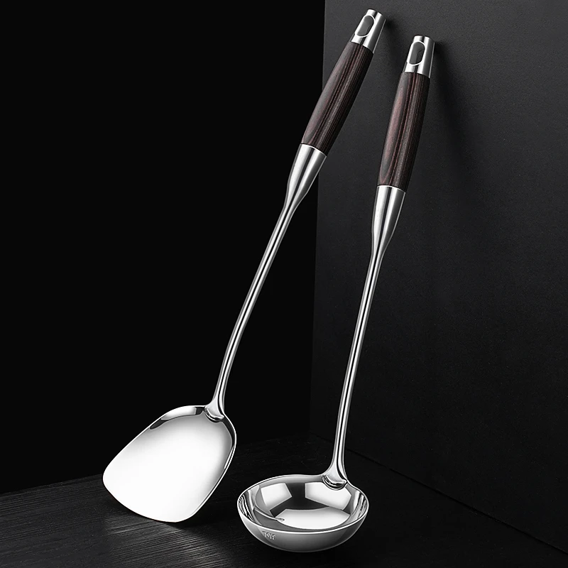 LFGB Certificate 316 Stainless Steel Spatula Set Lengthen 42cm Solid Logwood Handle Cooking Shovel Spoon Kitchen Tool for Chef
