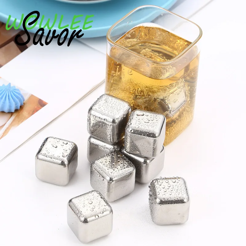 8PCS Reusable Wine Food Grade Cocktails Whiskey Stones Stainless Steel Ice Cubes Quick-Freeze Bourbonor Drink Bar Accessories