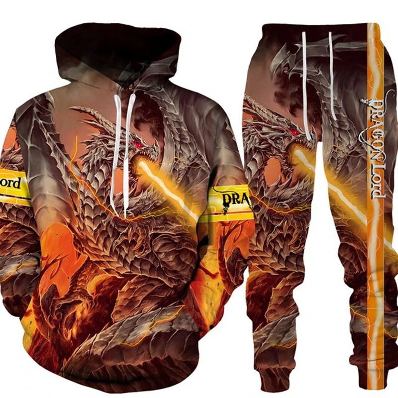 

Autumn Winter Cool Dragon Sweatshirt 3D Printed Sweatpants and Hoodie Set Sportswear Men's Tracksuit Oversized Men Clothing Suit