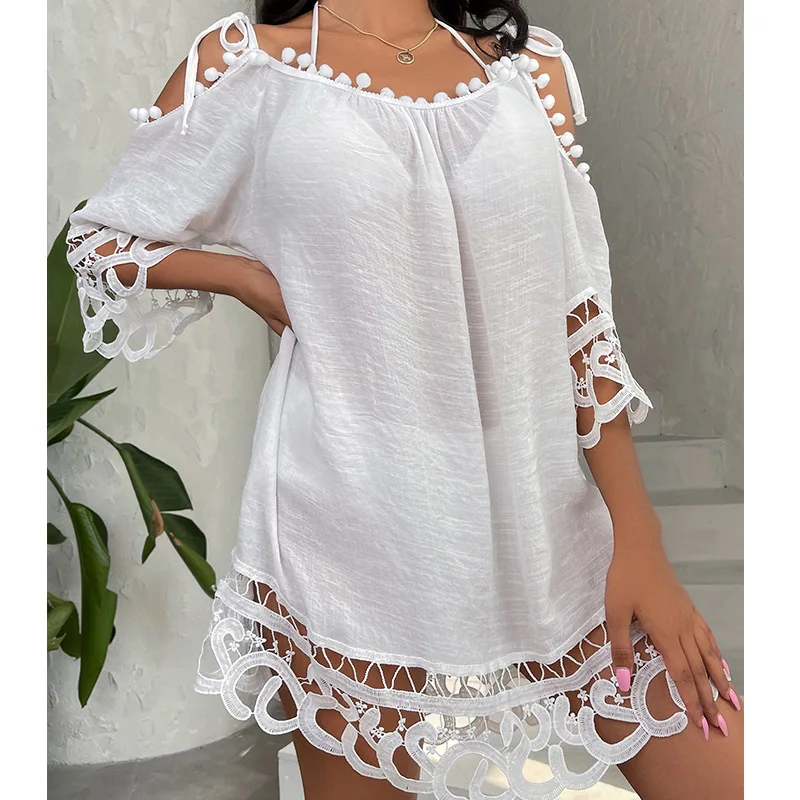 

2023 Beach Cover Ups for Swimwear Women White Sleeve Cover-ups Lace Flounce Tunic Outlet New tassels
