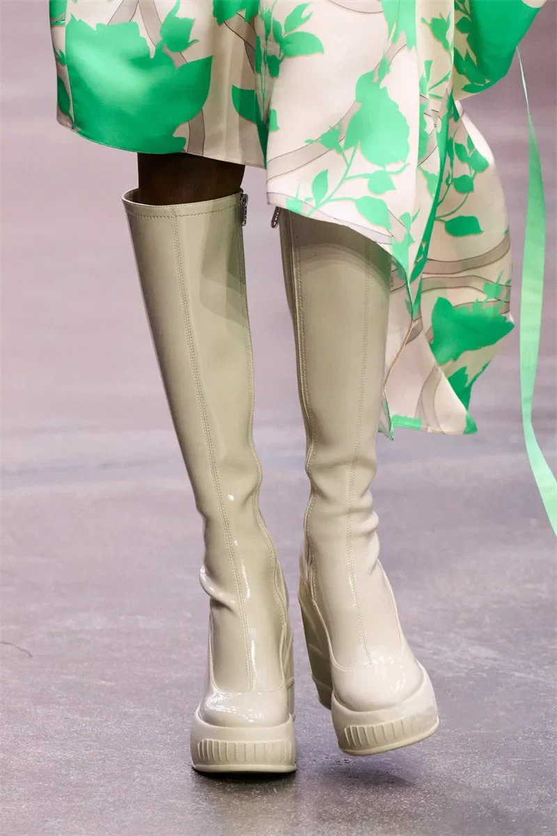 2024 Spring New Slope Heel Thick Bottom Round Toe High Heel Boots Fashion Sexy Cross-border Women's Plus Size Knee-high Boots
