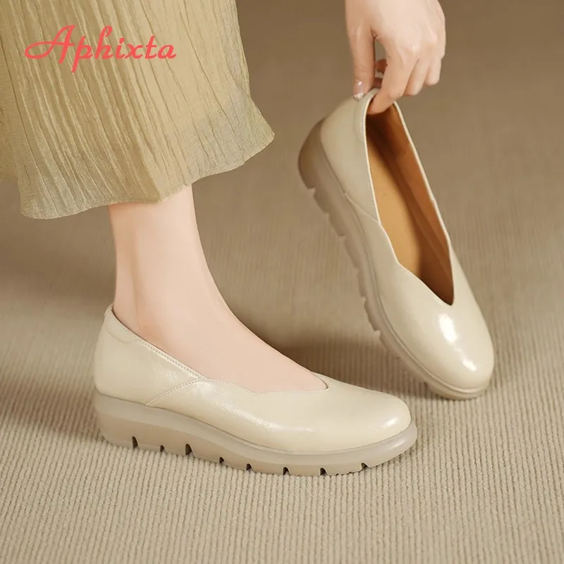 Aphixta Wedge Heel Woman Loafers Shoes Platform Slip on Shallow Concise Soft Leather Yellow Casual Shoes Size 42 Ladies Shoes