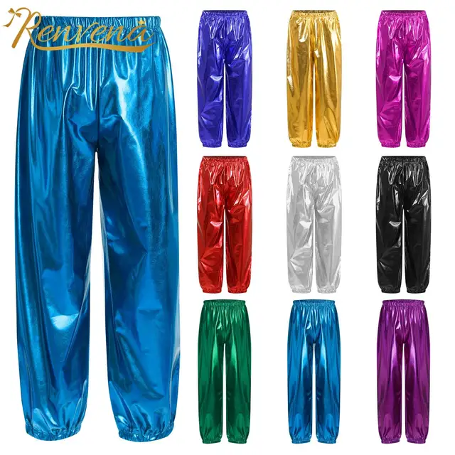 Kids Boys Girls Metallic Harem Pants Elastic Waistband Shiny Trousers for Modern Hip Hop Street Dancewear Jazz Dance Costumes