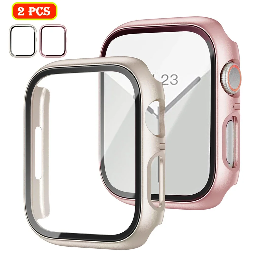 2Pack Tempered Glass+cover For Apple Watch Case 44mm 40mm 42mm 41mm 45mm PC bumper Screen Protector iWatch series 9 8 7 6 5 3 se