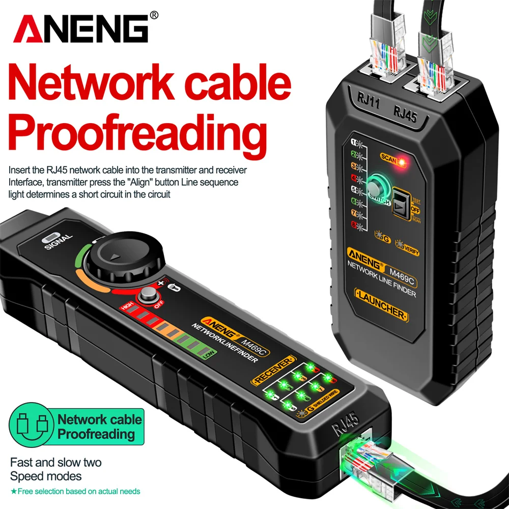 ANENG M469C Network Cable Tester RJ45 RJ11 LAN Cable Network Line Finder Test Proofreading Measure DC Repair Tool