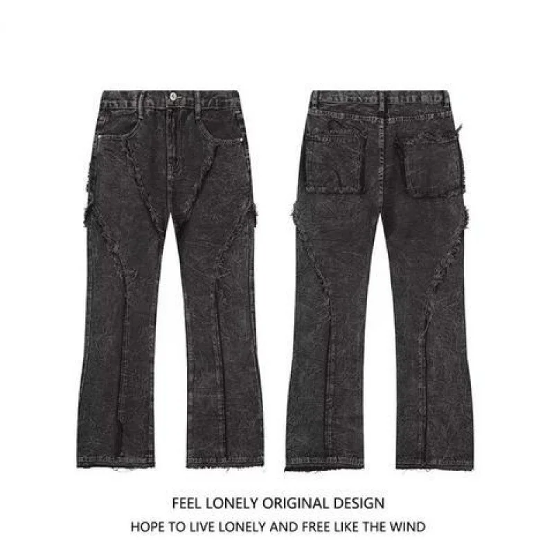 Four Seasons Men's Trendy American Style Multi Pockets Motorcycle Cargo Pants Washed Loose Straight Bootcut Jeans Trousers Male 6