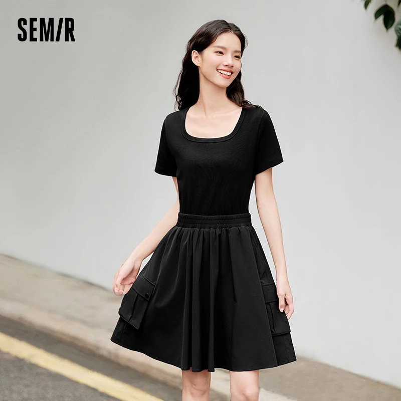 Dress Women Faux Two-Piece Design Versatile Summer New Square Collar Slim Fit Short Skirt Suitable For Petite 1 Dress Women Faux Two-Piece Design Versatile Summer New Square Collar Slim Fit Short Skirt Suitable For Petite