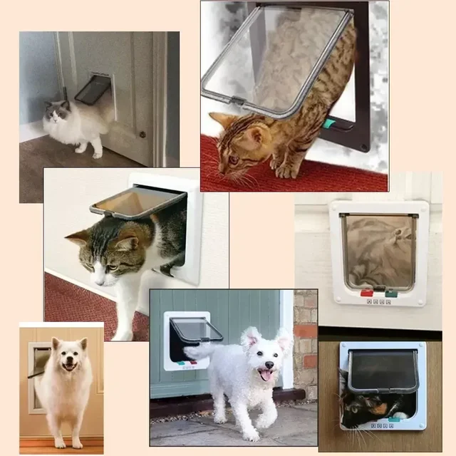 Cat Flap Door with 4 Way Security Lock Dog Flap Door for Dog Cats Kitten ABS Plastic Small Pet Gate Door Kit Cat Dogs Flap Doors 3