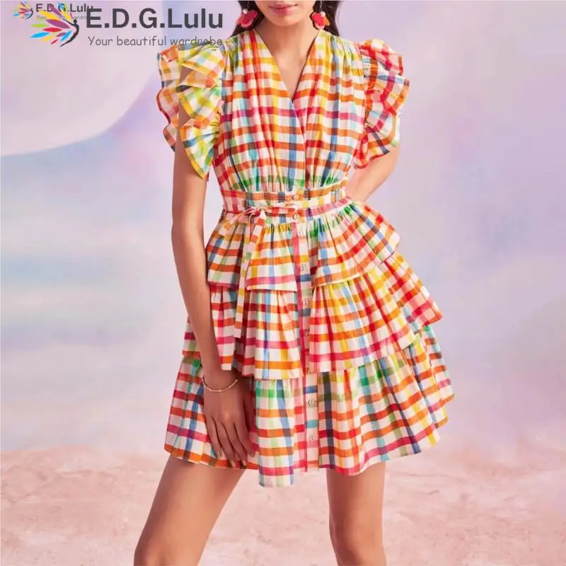 

EDGLuLu Designer Clothes Women Luxury V-Neck Plaid Print Dress Fashion Lace-Up Cascading Ruffled Mini Dress Summer Holidays 0316