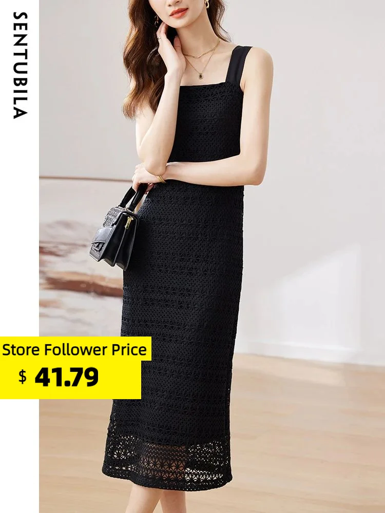 

Sentubila Summer Long Crochet Knit Dress for Women 2023 Elegant Black Square Collar Sundress Sleeveless Strap Split Dresses