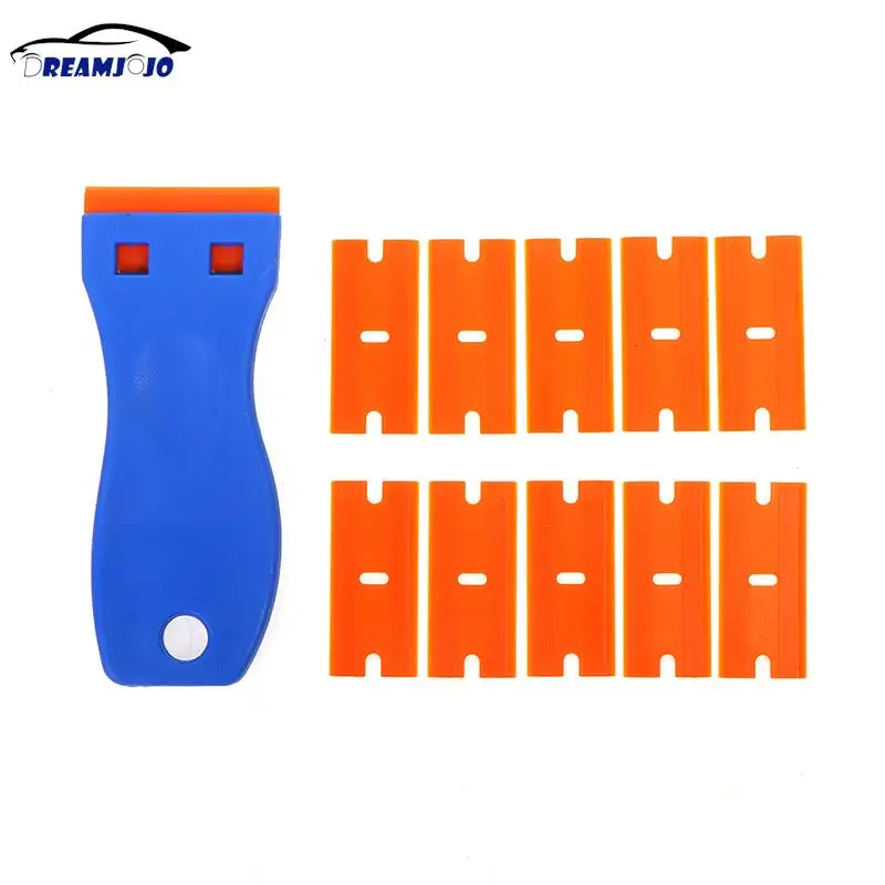 

Plastic Razor Scraper With 10pcs Double Edged Plastic Blades For Removing Car Labels Stickers Glue Decals On Glass Windows