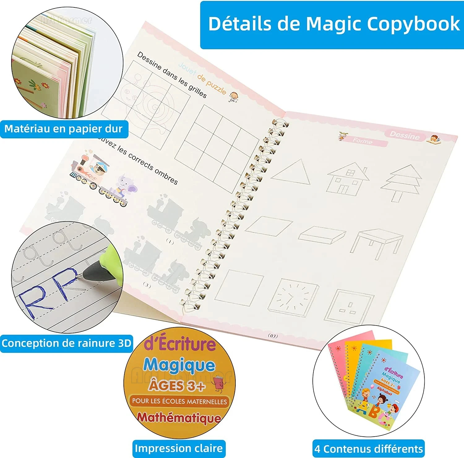 Sank Magic-Cahier de pratique réutilisable pour enfants, stylo de  calligraphie, essuyage gratuit, livre d'écriture allemand, anglais,  français, espagnol, livraison gratuite