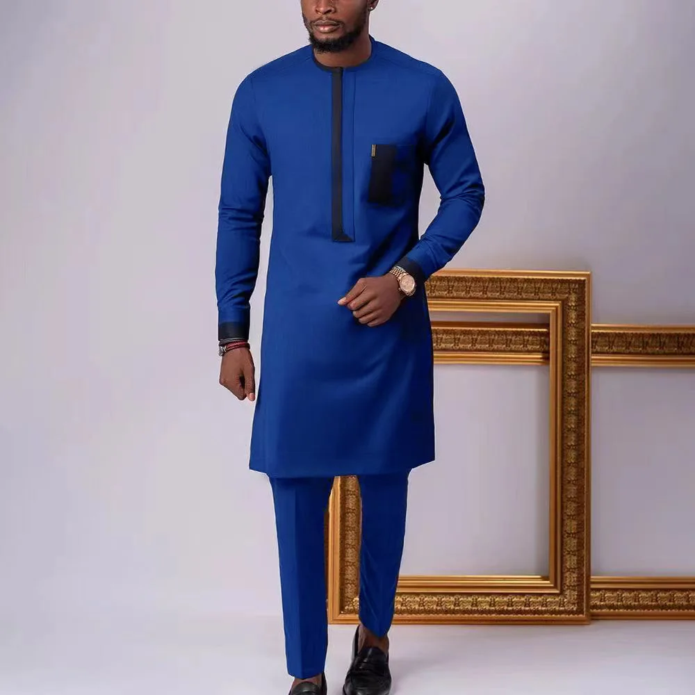 

African New Men Set Crew Neck Gentleman Long Shirt And Social Casual Pants Two Pieces Wedding Party Wear Men Clothing Suits 2022