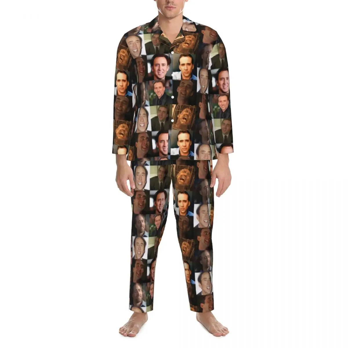 

Meme Collage Sleepwear Autumn Nicolas Cage Casual Oversized Pajama Sets Men Long Sleeve Kawaii Room Graphic Home Suit