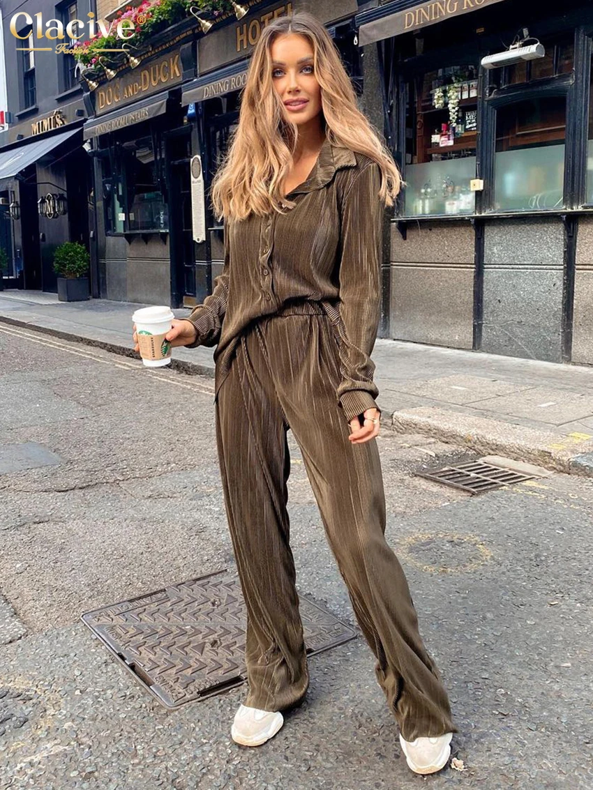 Clacive Casual Loose Shirts Pants Set Woman 2 Pieces Elegant Brown High Waist Pant Suits Fashion Pleated Home Wide Trouser Suits women s 2023 new hot selling casual fashion sexy solid color home pleated lace up dress in stock