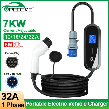 Peocke 전기 자동차용 휴대용 EV 충전기, 월박스 타입 2 케이블, EVSE 충전 박스, CEE 플러그, 32A, 7KW
