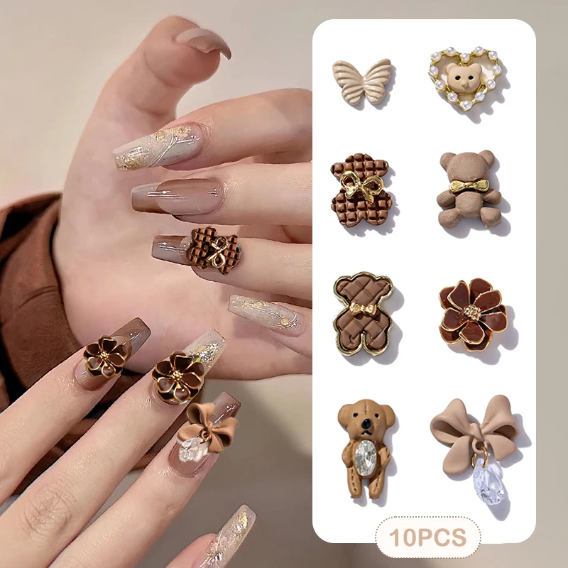 

10Pcs DIY Nail Art Decoration Maillard Series Brown Flower Bear Bow Love Diamond Nail Art Accessories Manicure Design Accessory