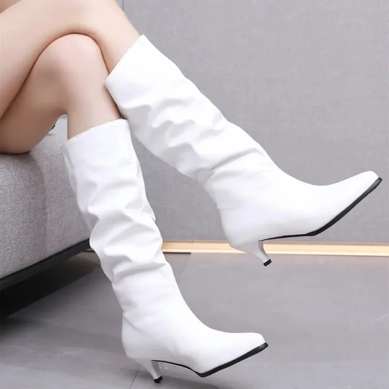여성용 하이힐, 솔리드 PU 플리츠, 포인티드 토, 슬립온, 얇은 힐, 모던 부츠, 높이 5cm, 가을, 겨울, 새로운 스타일 패션