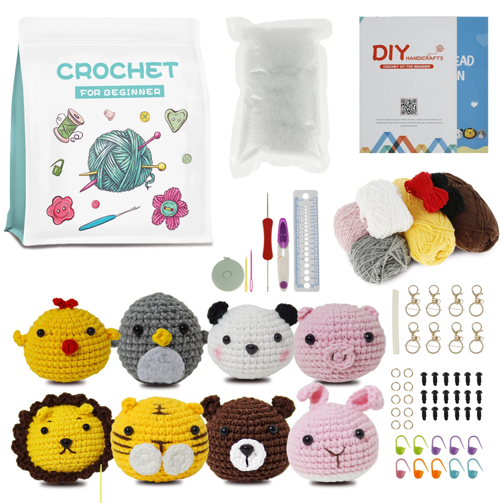 AdTosAnimal Crochet Kit pour Débutants, DIY, Porte-clés, Coton, Ogo, Laine,  Main, Jouets, Outils de Couture, 8Pcs - AliExpress