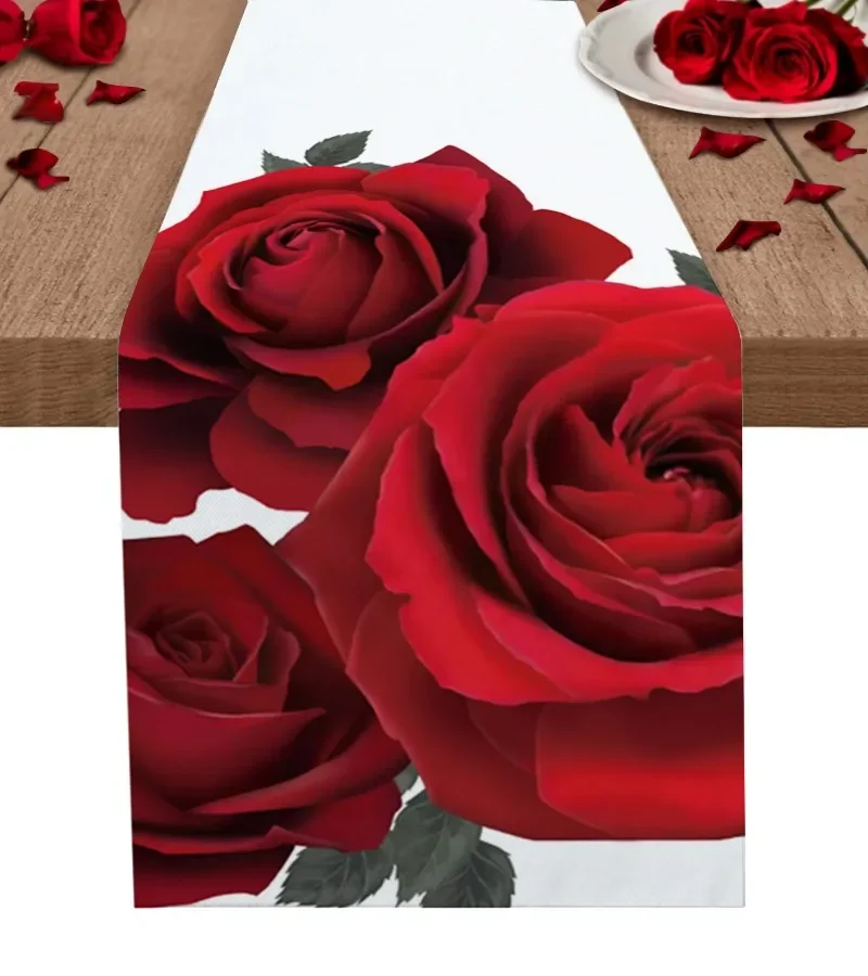

Valentine'S Day Red Rose Flower Custom Table Runner Wedding Dining Decoration Holiday Dining Tablecloth
