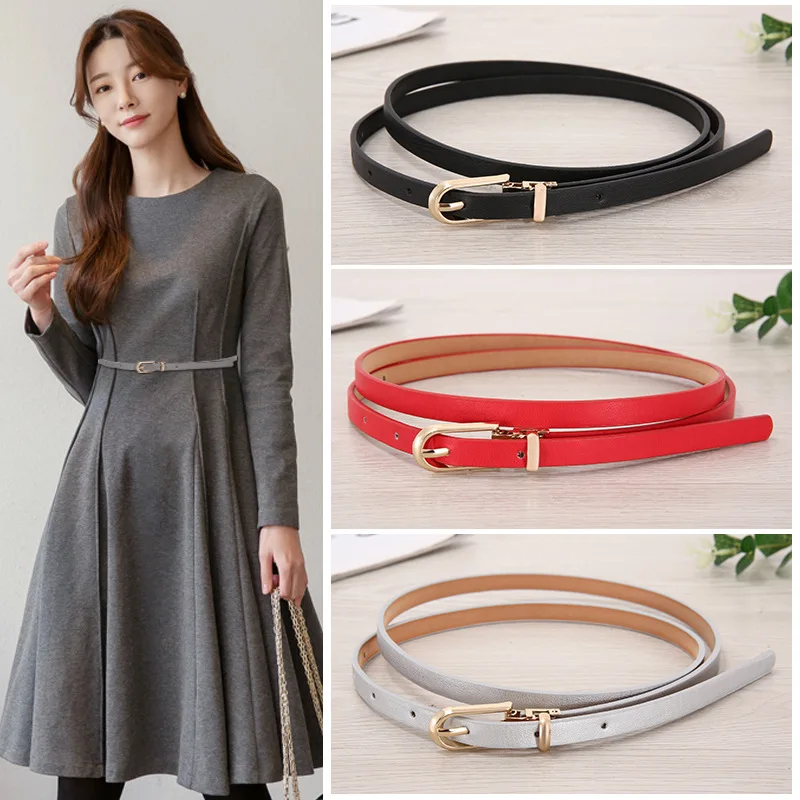 Women Dress Skinny Patent Leather Belts Thin Waist Belt Gold Solid Color  Buckle