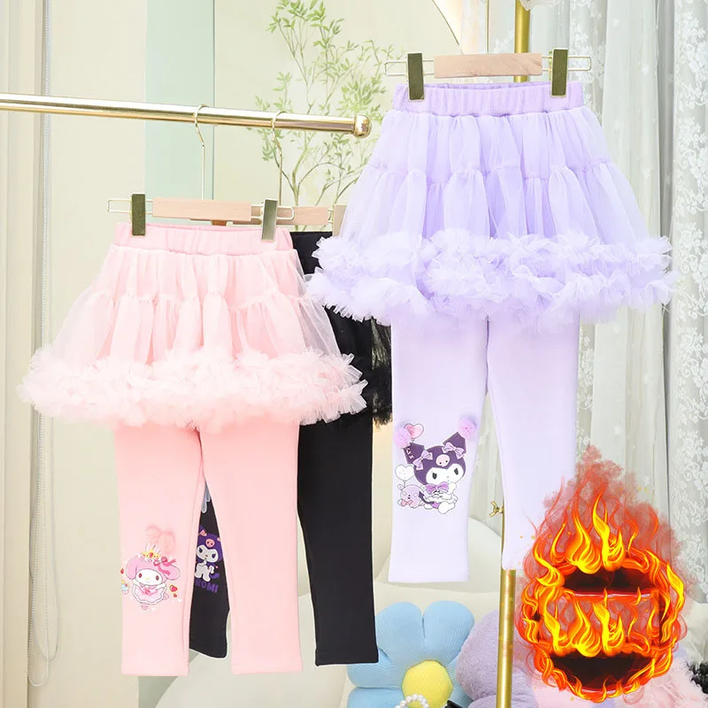 

New Kawaii Sanrio Children Trousers Kuromi My Melody Cute Anime Print Fake Two-Piece Warm Pantskirt Princess Toys Funny Gifts