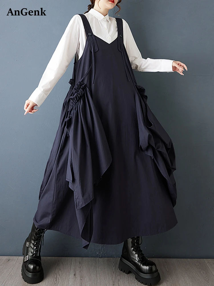 Sleeveless Pleated Black Vintage Straps Dresses For Women New Loose Casual Spring Autumn Dress Robe Elegant Fashion Clothes 2025