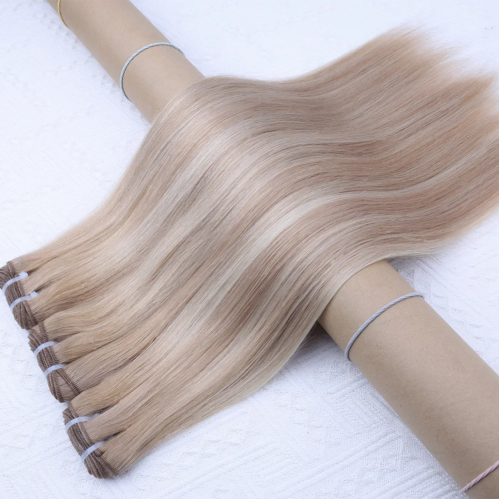 Mèches Biondo Cenere Mescolato con Biondo Schiarito, Set Completo di Ciocche di Capelli Vergini Vietnamiti Lisci, Estensioni di Capelli a Trama a Doppia Trama - immagine 5