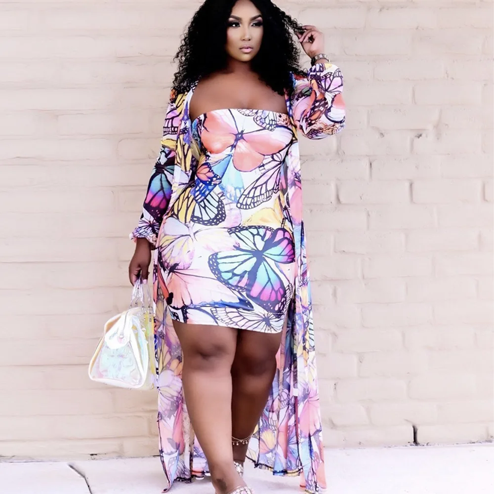 

Plus Size Women Butterfly Long Jackets And Dresses 2022 Summer Print Two Piece Sets Sexy Female Fashion Luxury Clothes Wholesale