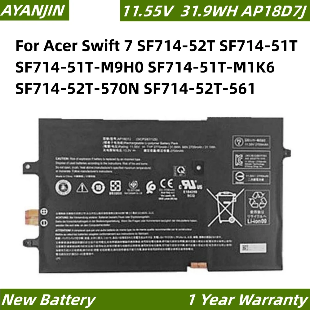 AP18D7J 31,9 Вт-ч Аккумулятор для ноутбука Acer Swift 7 SF714-52T SF714-51T SF714-51T-M9H0 SF714-51T-M1K6 SF714-52T-570N аккумулятор для ноутбука acer sf713 sf714 15 4v 2700mah p n squ 1605