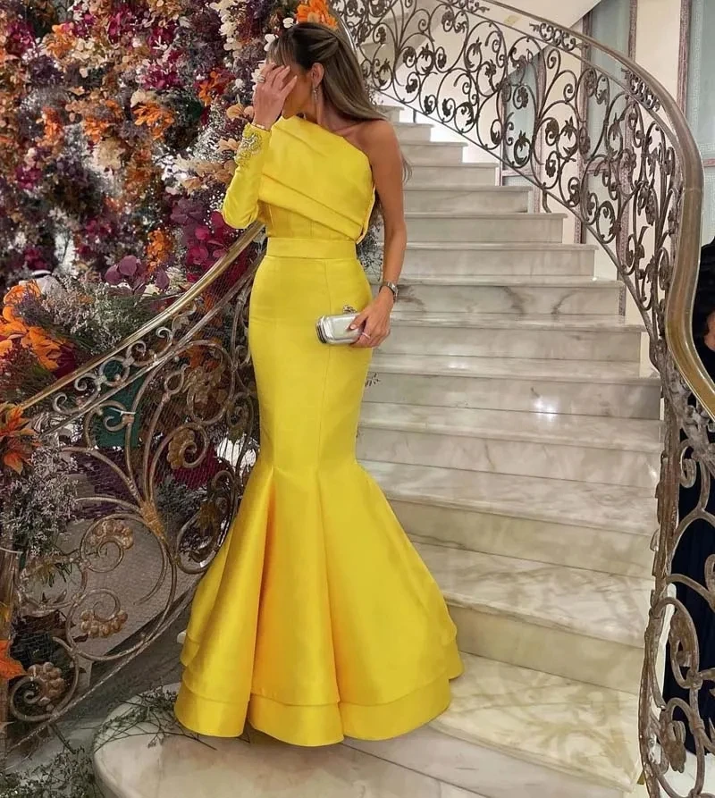 

Yellow One Shoulder Saudi Arabia Evening Dresses Beads Satin Mermaid Prom Dresses Dubai Formal Party Gowns Floor Length