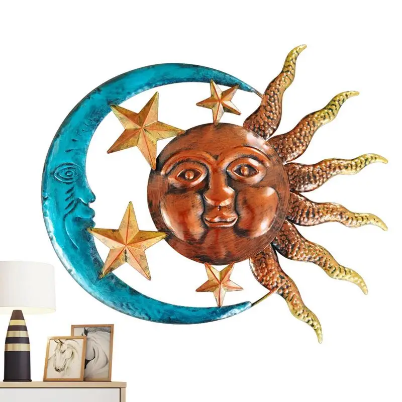 

Metal Wall Art With Sun Moon Stars Vivid Sun Face Celestial Hang Wall Sculptures Reusable Metal Wall Sculpture Hang Decorations