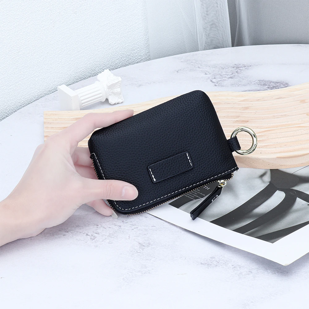 Women Small Coin Purse Pouch Wallet Genuine Leather Change Coin Purse Holder for Women with Keychain Ring Zipper Women's Wallet