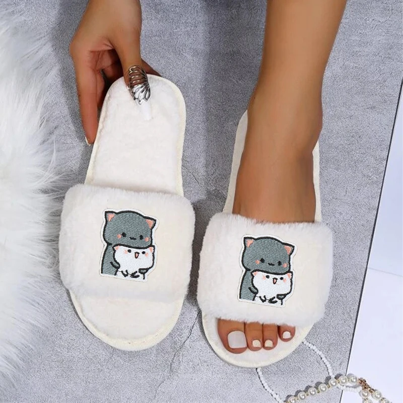 

Women Elements Decals Cute Cat Embroidered Fabric Stickers Decor Home Slippers Winter Open Toe Indoor Flat Non-slip Leisure Shoe