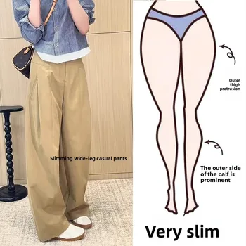 Khaki Casual Pants Women plus Size 200 Pou Loose Straight Leg High Waist Slimming Wide Leg Pants Commute Sle Korean Version