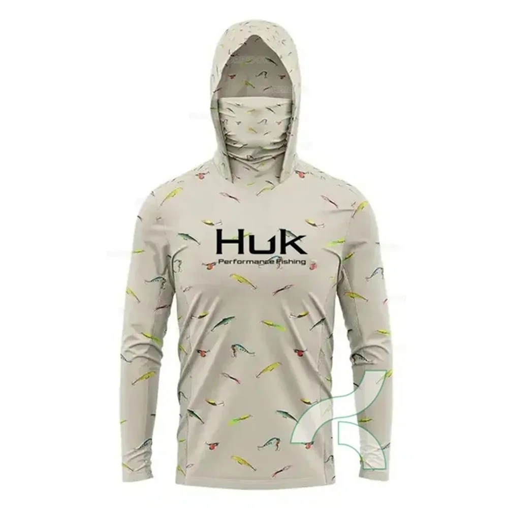 HUK Fishing Shirt Men Performance Long Sleeve Fishing Hooded Shirt With Face Mask Summer Outdoor Sun Protection Fishing Clothes