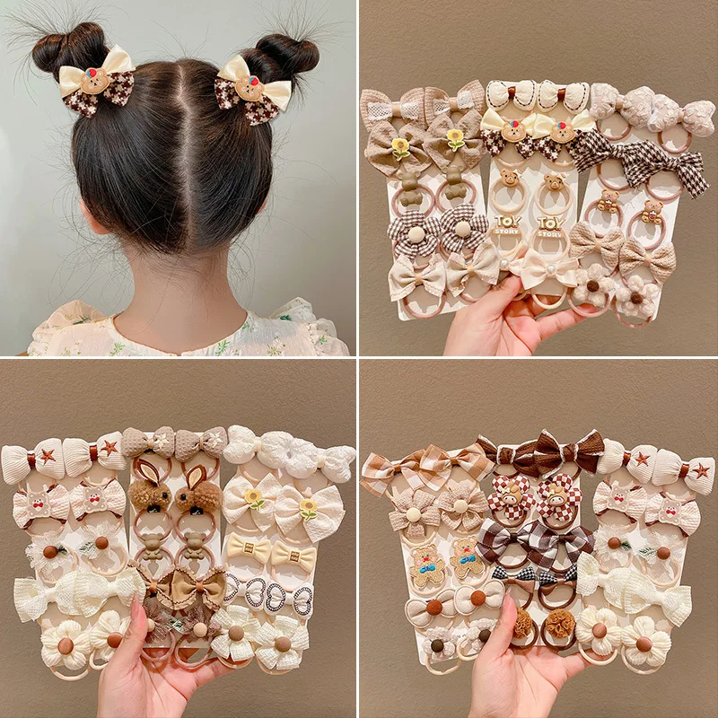10 pieces/set Beautiful Bowknot Hairpin Clips for Girls Elastic Rubber Bands Children's Hair Accessories Hair Ties Circular Headband