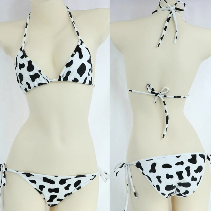 Womens Bikini Set Japanese Style Cute Milk Cow Dotted Mini Bikini Sets Underwear Halter Neck Bras Top with Briefs Panty 5